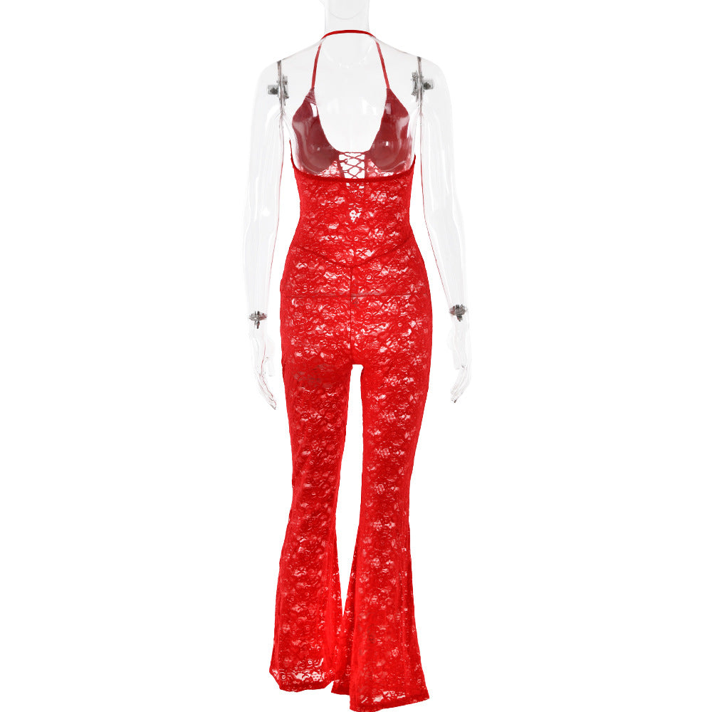 Spring Sexy Fashion See-Through Hollow Lace Low Back Halter Neck Slim Women's Summer Jumpsuit 12