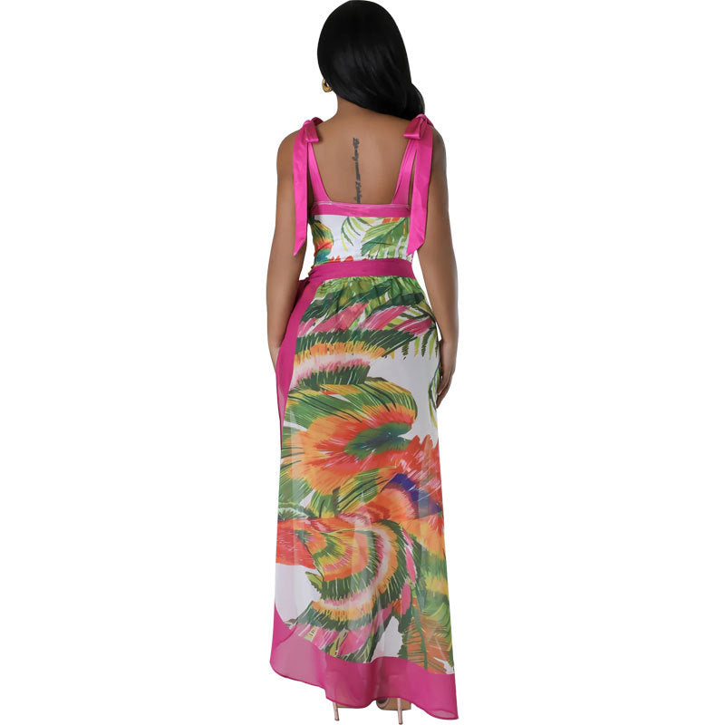 Fashion Casual Women's Sleeveless Printed Lace Up Strap Bodysuit Skirt Set 5