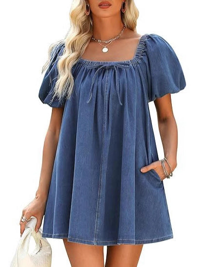 Summer Women's Square Neck Puff Sleeve Denim Short Dress 5