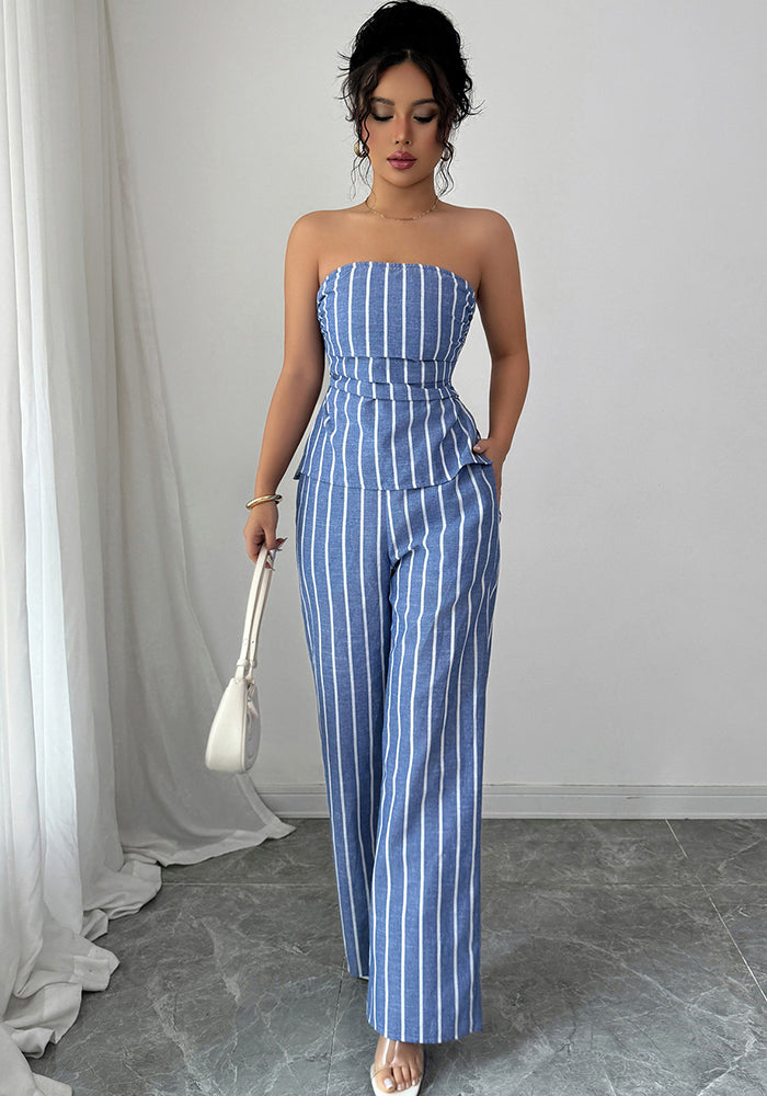 Spring/Summer Women's Fashion Casual Elegant Striped Strapless Vest & Trousers Two-Piece Set