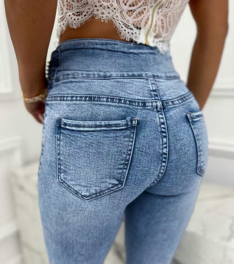Women Pearl Button High Waist Denim Pants 5