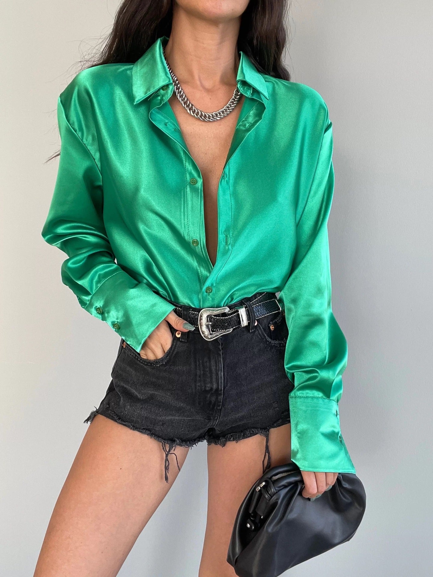 Turndown Collar Long Sleeve Buttoned Chic Slim Fit Satin Shirt For Women 4