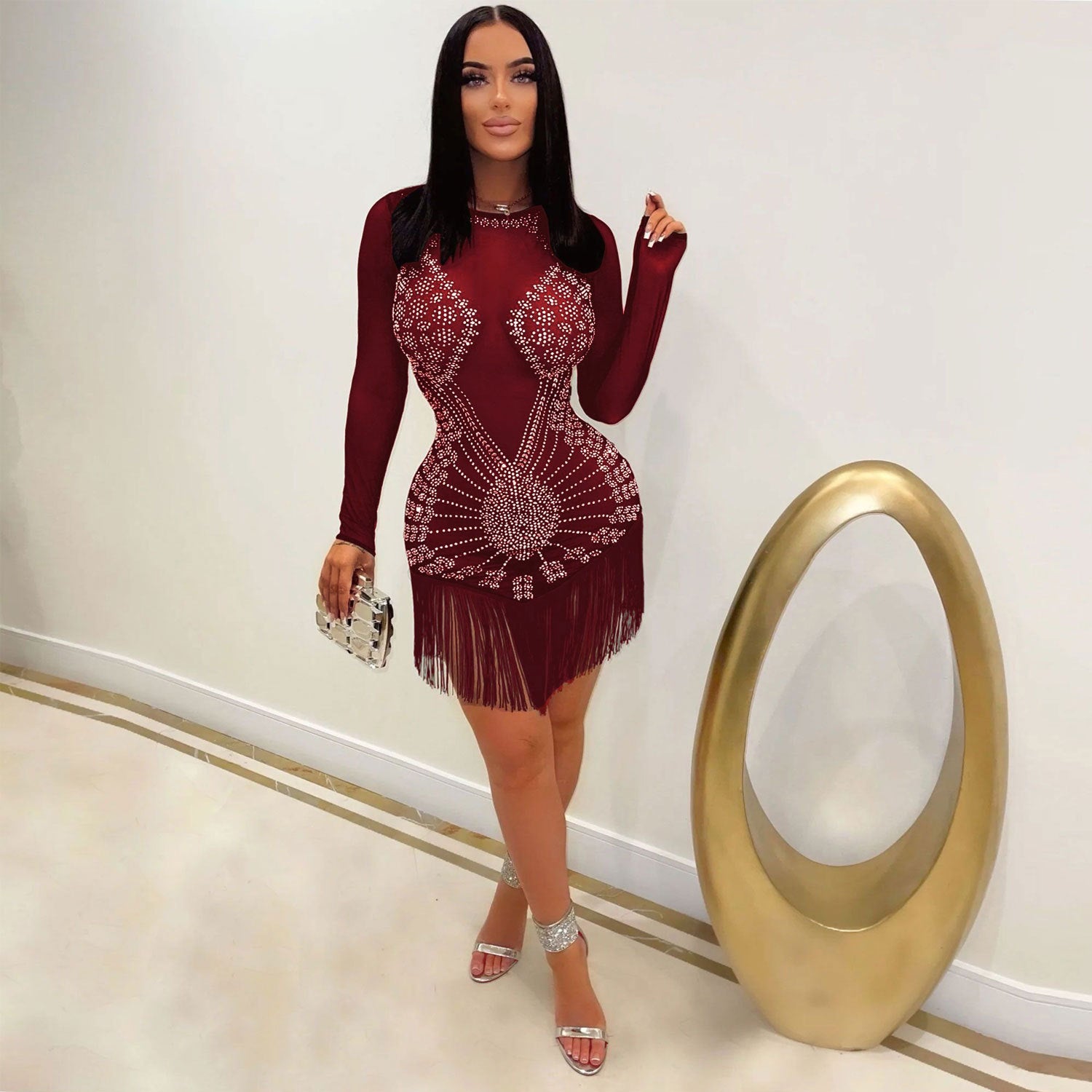 Women Sexy Long Sleeve Rhinestone Fringe Bodycon Dress 9