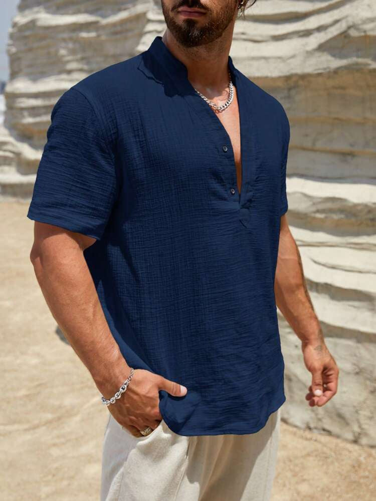 Men's Solid Stand Collar Short-Sleeve Fashion Shirt 21