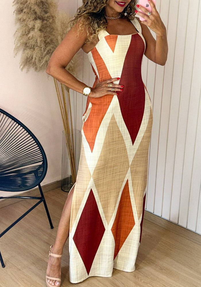 Women Summer Contrast Sexy Stretchy Printed Retro Sundress