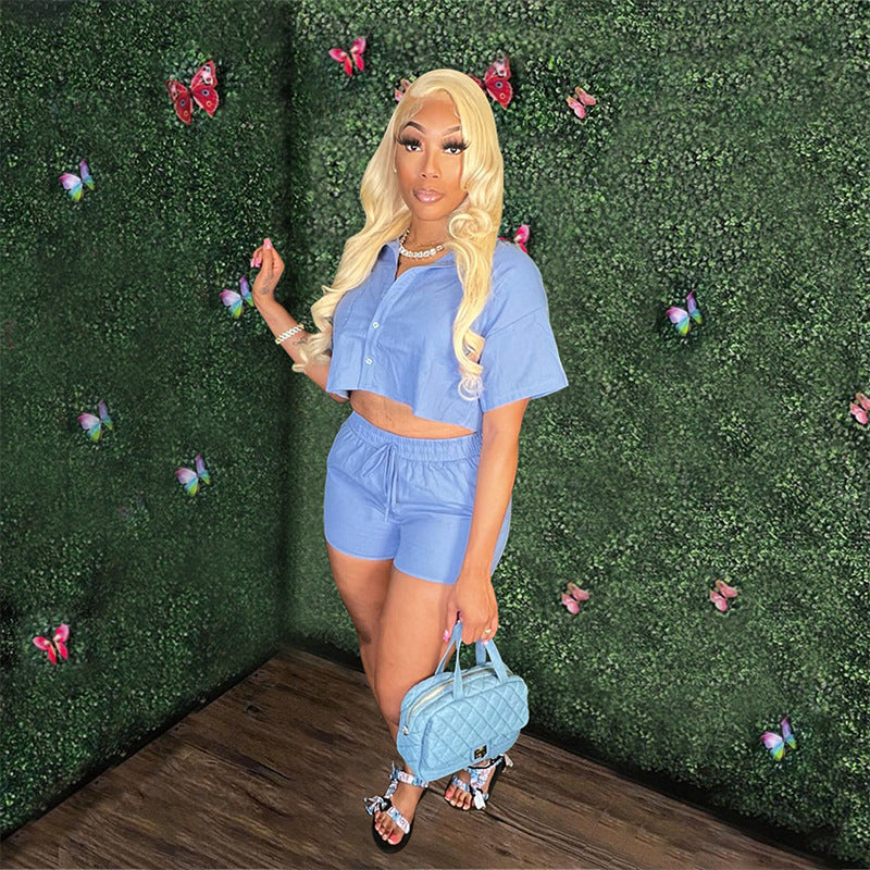 Ladies Short Sleeve Shirt Set Elastic Pocket Shorts Two-Piece Set 7