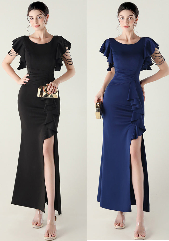 Women beaded tube V neck ruffle draped bead chain bead formal party evening dress