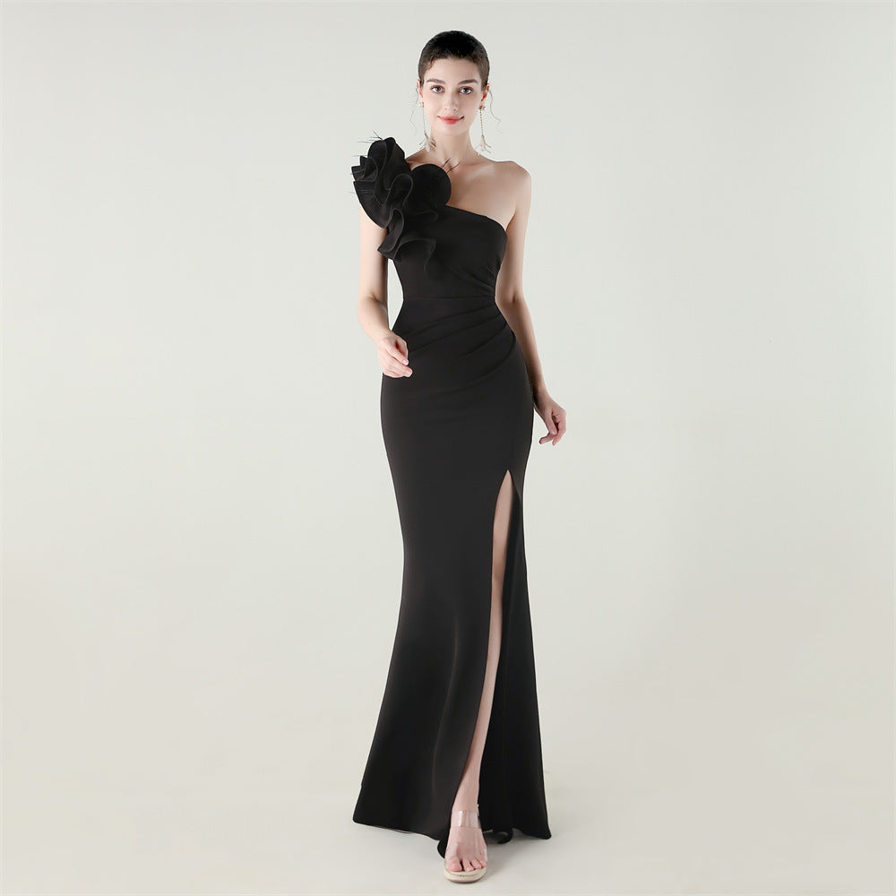 Women One-Shoulder Beaded Wool and Floral Satin Slit Sexy Evening Dress 12