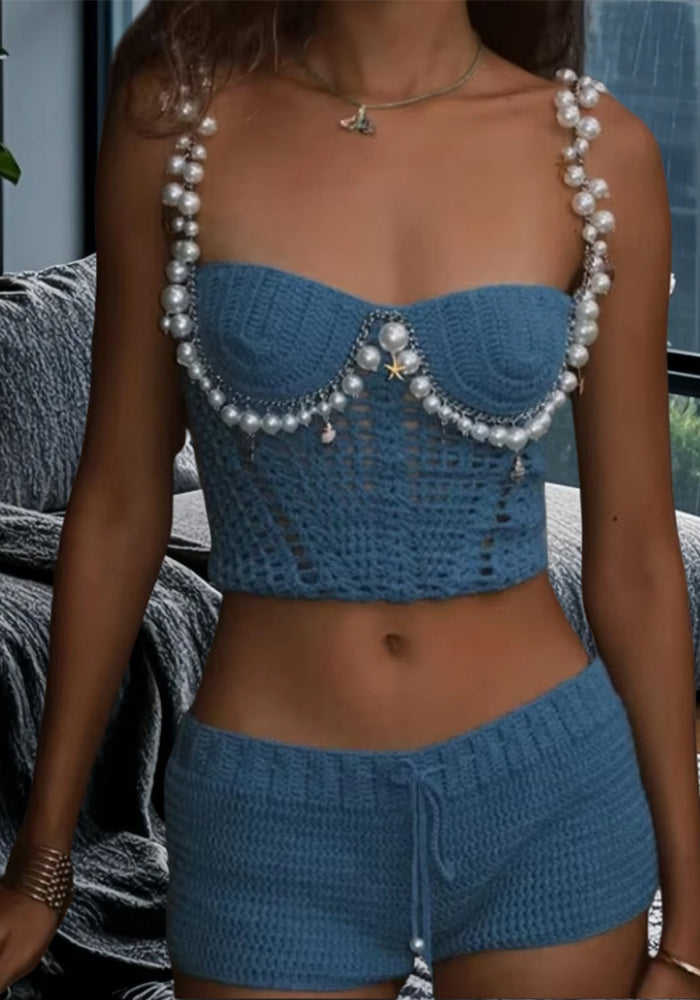 Women spring sexy pearl suspender Top and Skirt knitting two-piece set