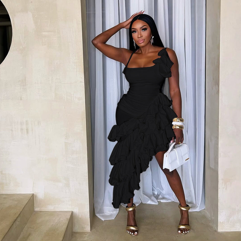 Summer Women's Solid Color Sexy Irregular Ruffle Straps Dress 5