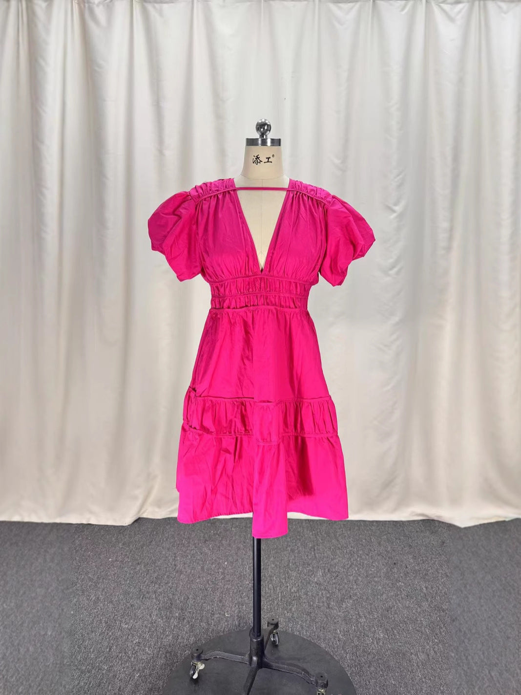 Women Elegant V-Neck Puff Sleeve Pleated Mini Dress 5