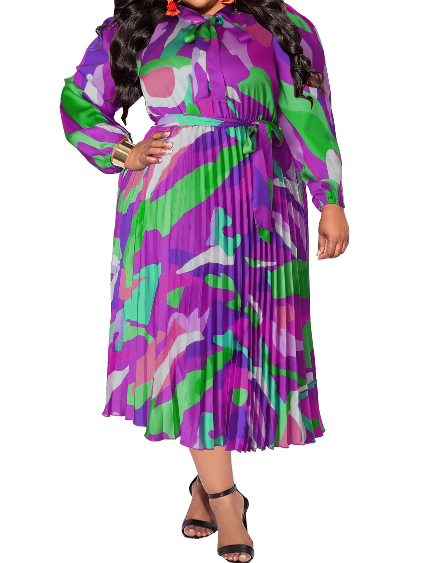 Plus Size Fall Women's Pleated Long Sleeve Dress 15