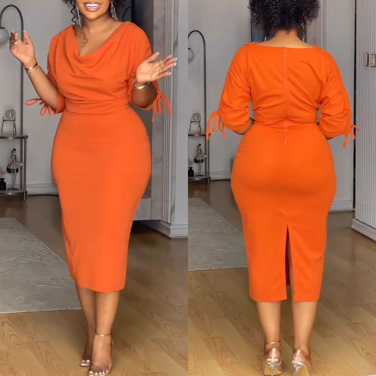 Women pleated split stretch bodycon dress 3