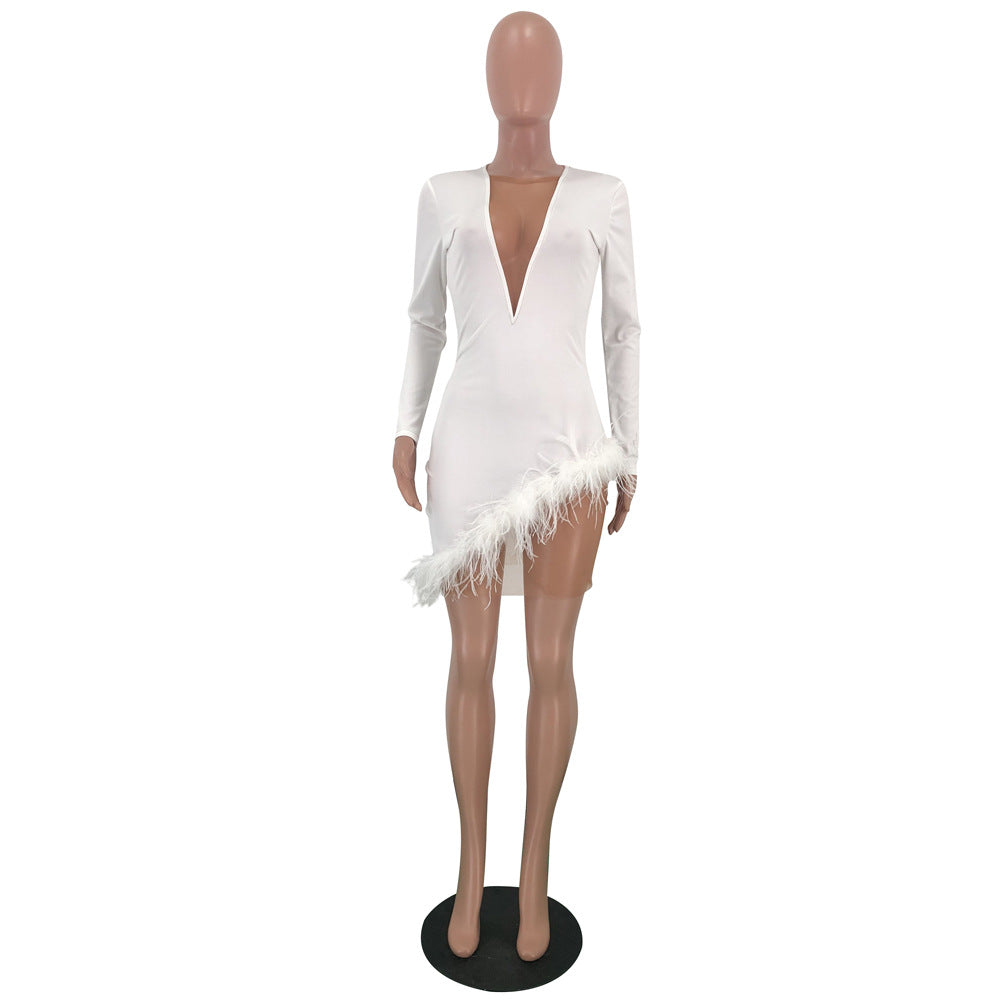 Women Sexy Feather Mesh Patchwork Dress 14