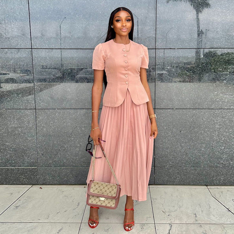 Autumn Career Women Button Short-Sleeved Top Pleated Skirt African Two-Piece Set 3