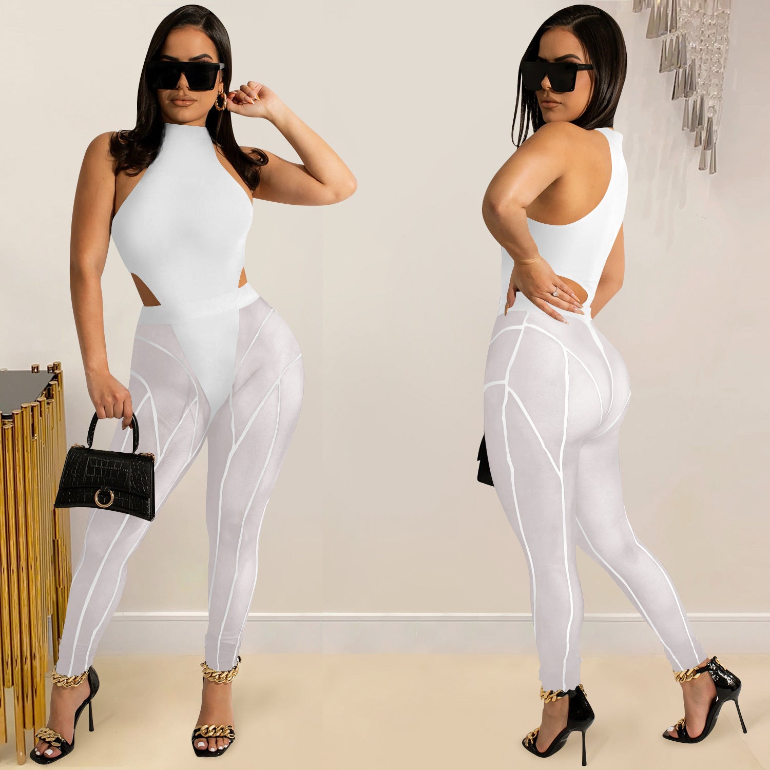 Women sexy Mesh See-Through Top and trousers Two Piece Set 8