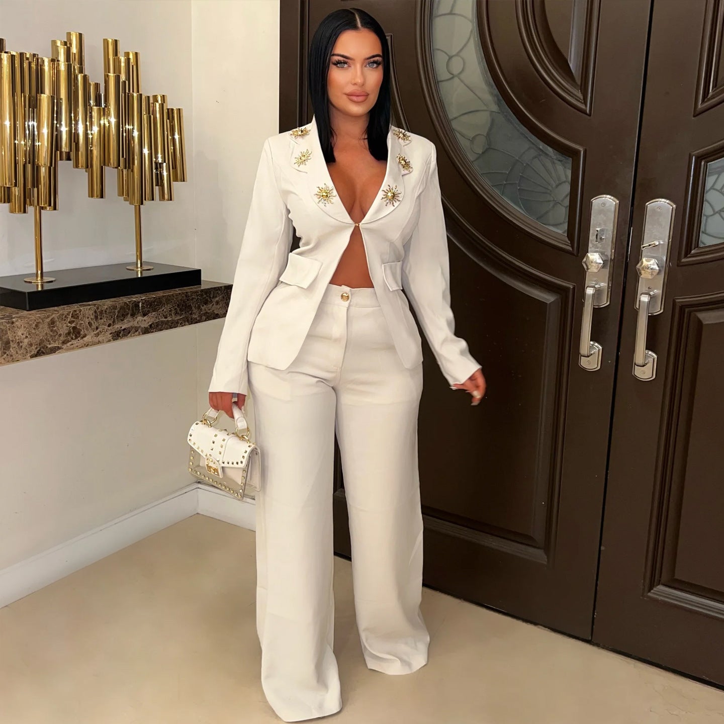 Women elegant contrast color turndown collar casual blazer and pant two-piece set 3