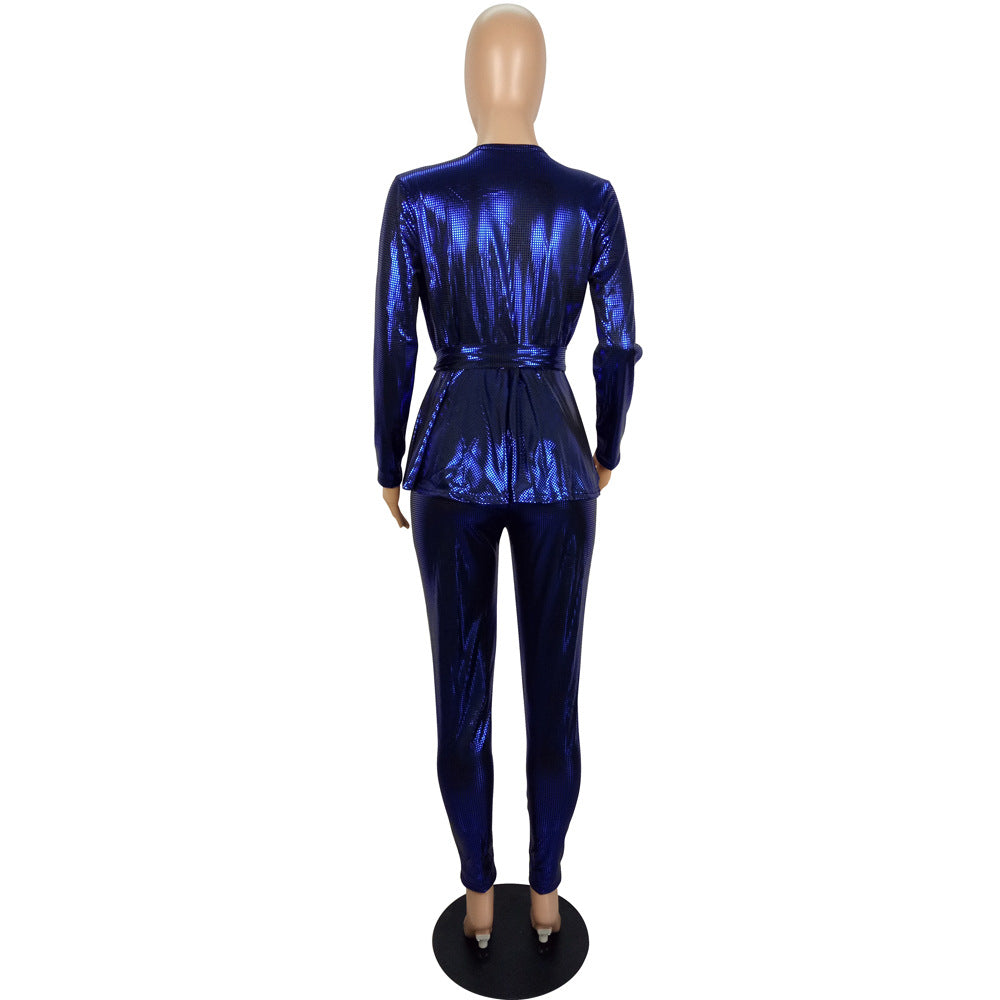 Women'S Slim Fashion Shiny Long Sleeve Suit With Belt 21
