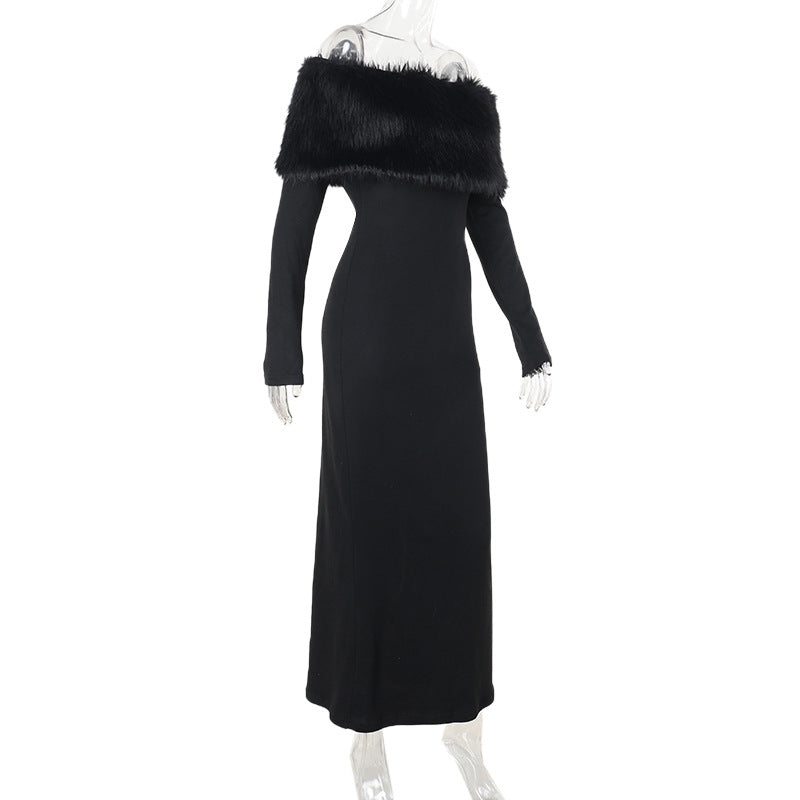 Women Fall Elegant Off Shoulder Fur Collar Dress 8