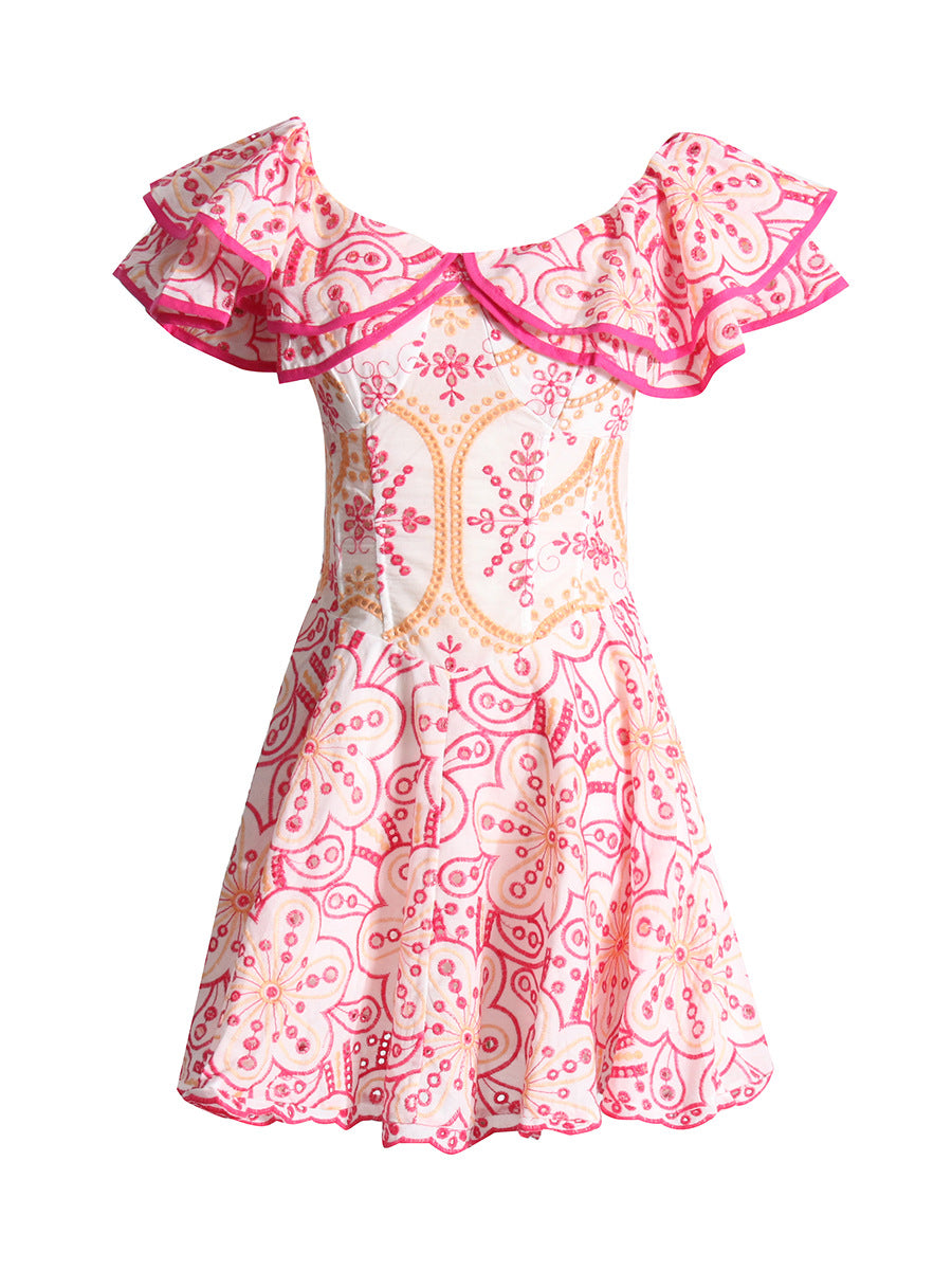 Summer Off Shoulder ruffle embroidered lace Slim Waist Slim Fit Holidays style dress 8