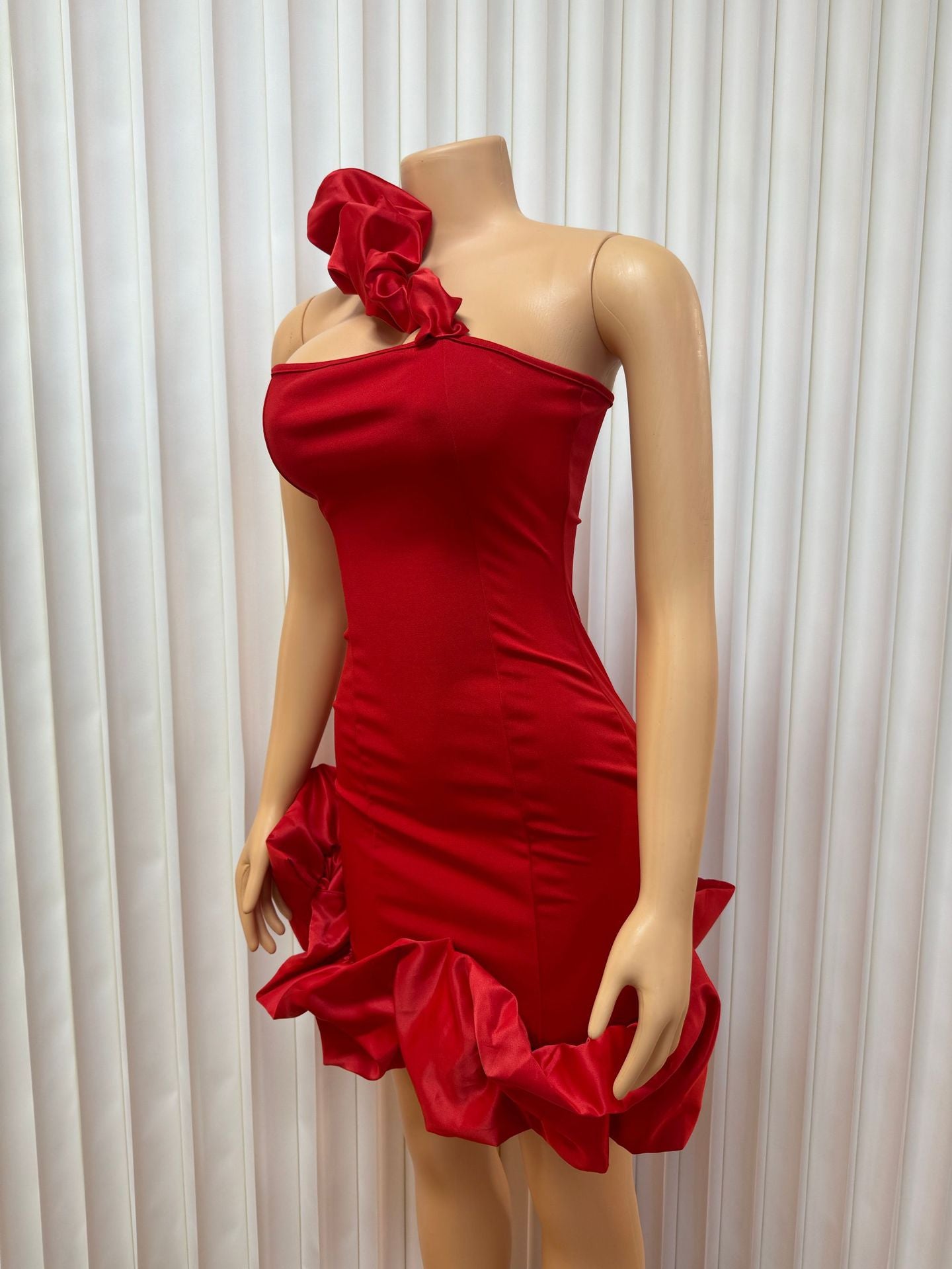Women Solid One Shoulder Strapless Bodycon Ruffle Dress 6