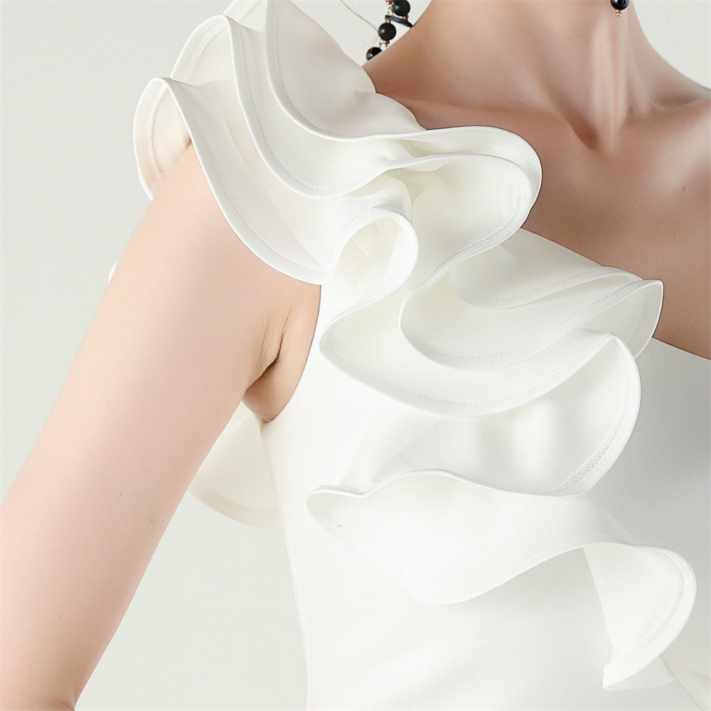 Women One-Shoulder Beaded Wool and Floral Satin Slit Sexy Evening Dress 80