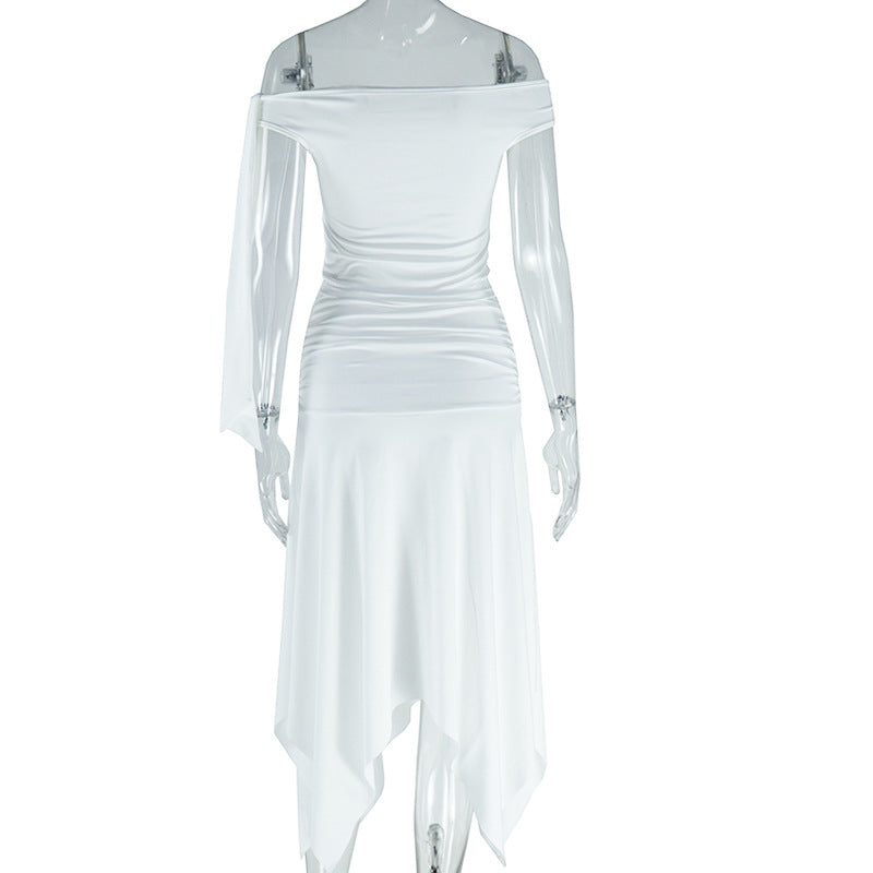 Women's Solid Color Sexy Off Shoulder Top Slit Skirt Two Piece Set 8