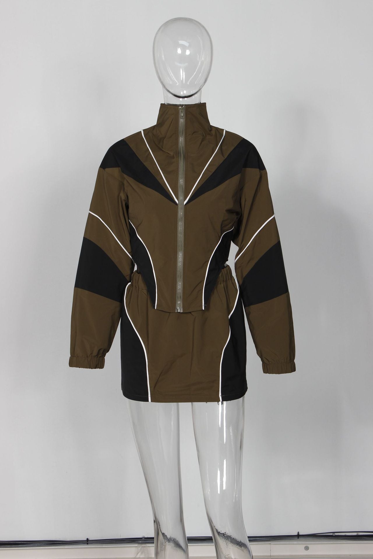 Autumn Sexy Sports Style Loose Casual Contrast Color Long Sleeve Jacket Short Skirt Women Two Piece Set 17