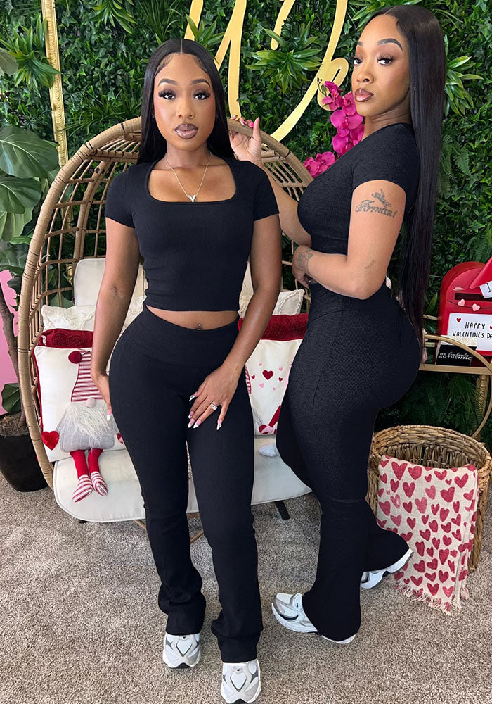 Women Summer Ribbed U-neck Short Sleeve Top and Pant Two-piece Set