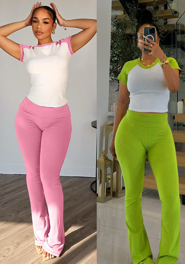 Women American Contrast Raglan Sleeve Casual Sports Yoga Top and Long Pants Two-Piece Set