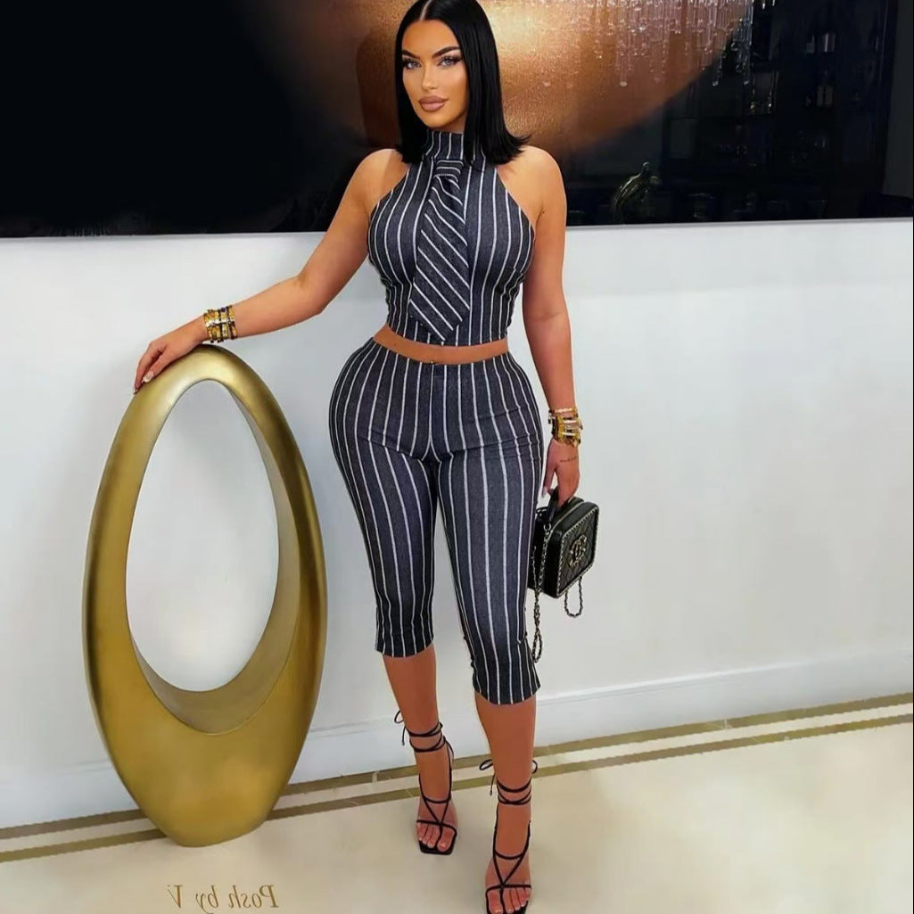 Women Summer Black and White Striped Sleeveless Turndown Collar Vest Top Three-Piece Pants Two-Piece Set 4