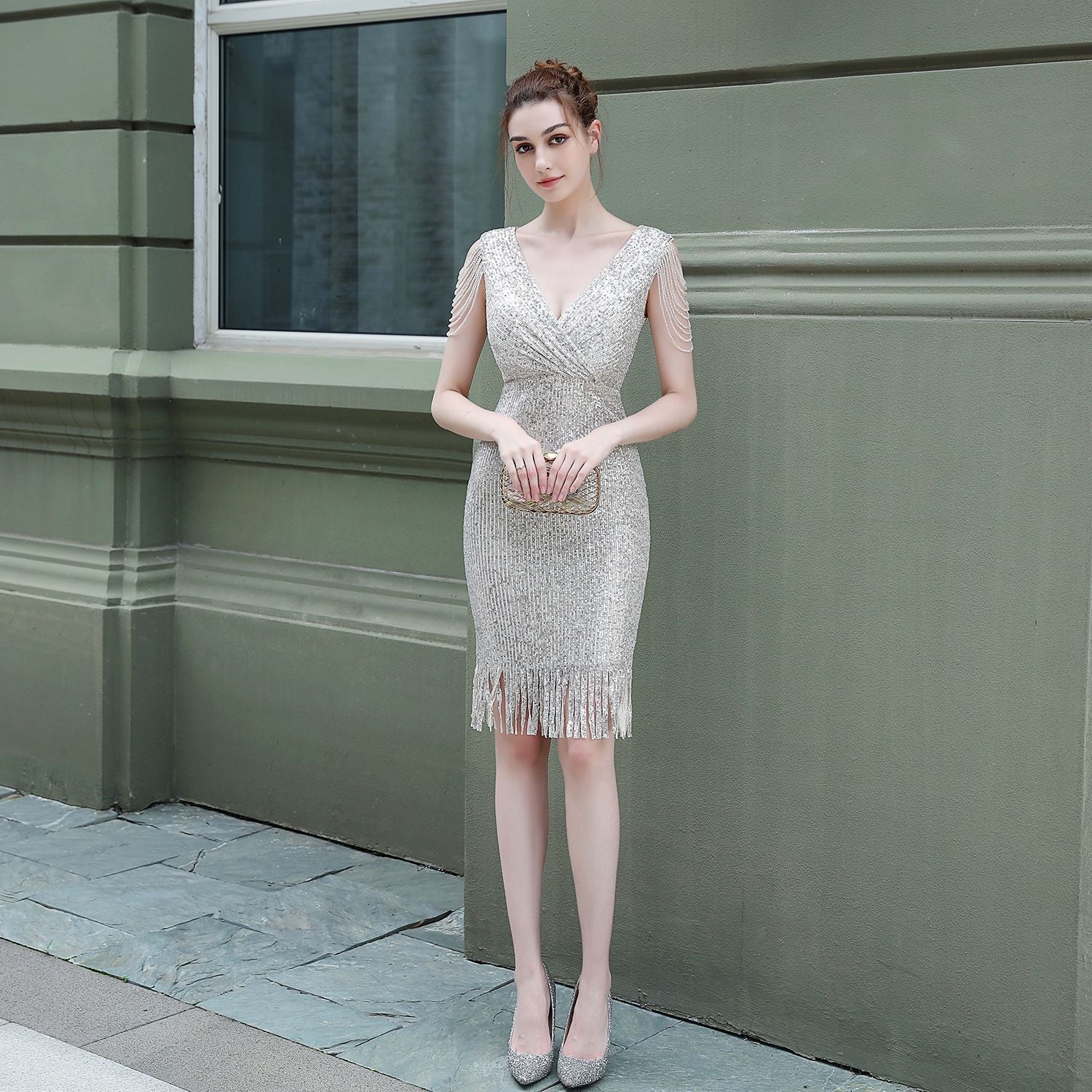 Women'S Sexy V-Neck Sequins Short Formal Party Evening Dress