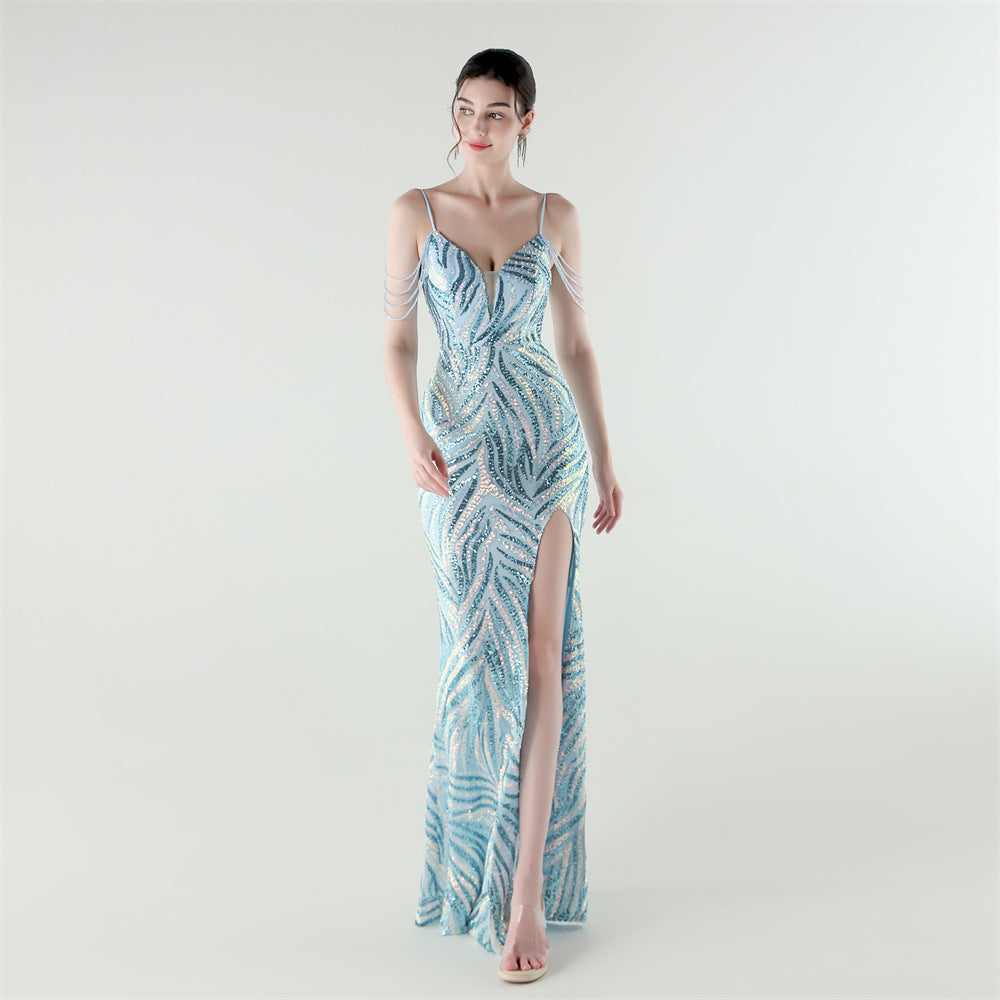 Elegant Deep V Strap Sequin Evening Dress 19