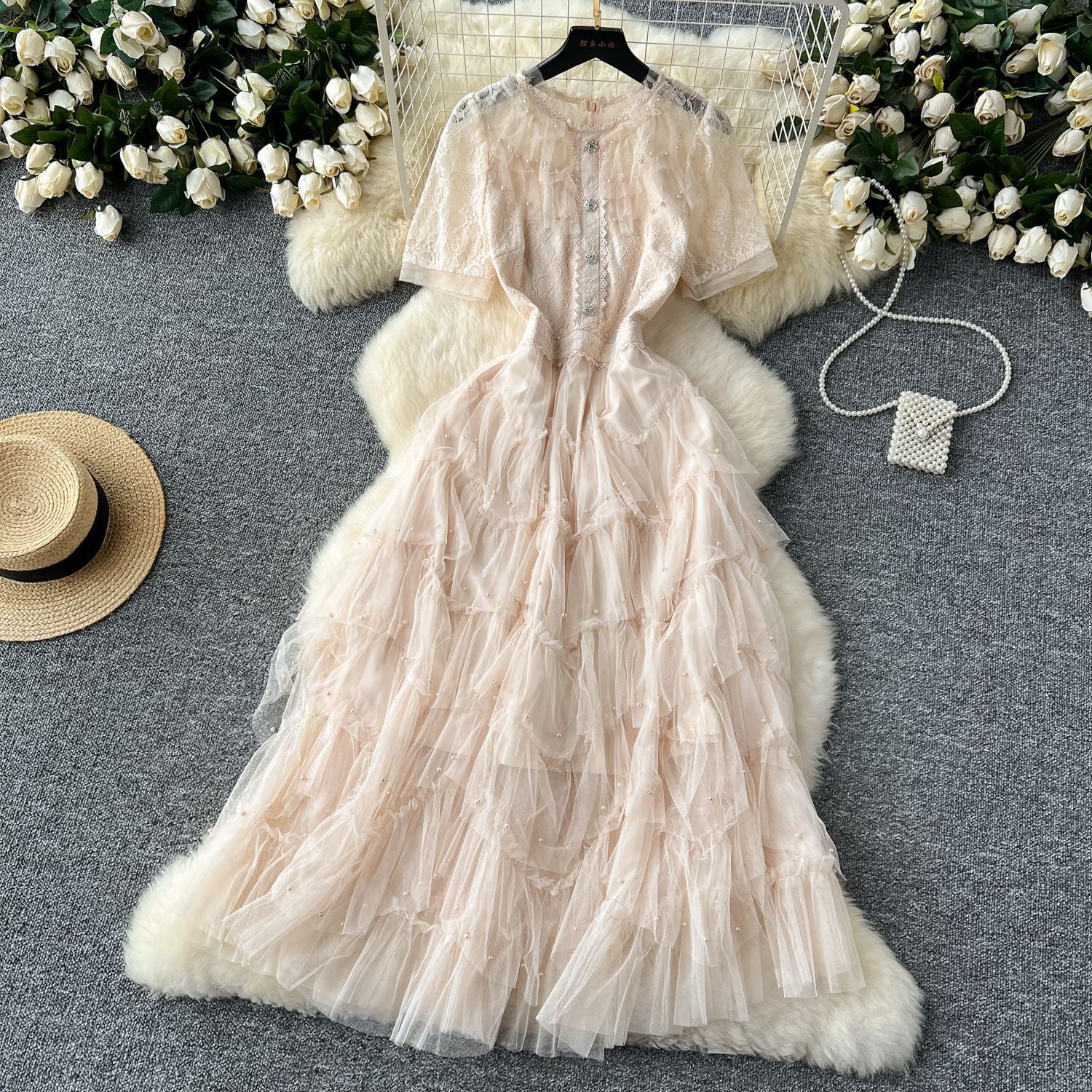 Women French Beaded Embroidered Short Sleeve Puffy Mesh Dress 17