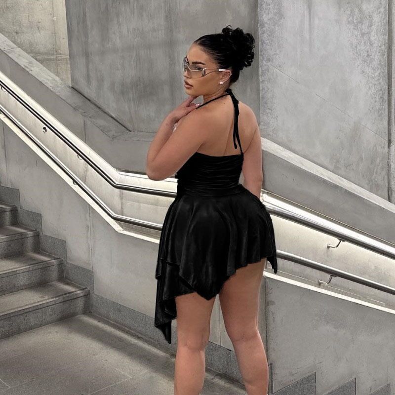 Women Solid Halter Neck Pleated Irregular Mini Dress 6