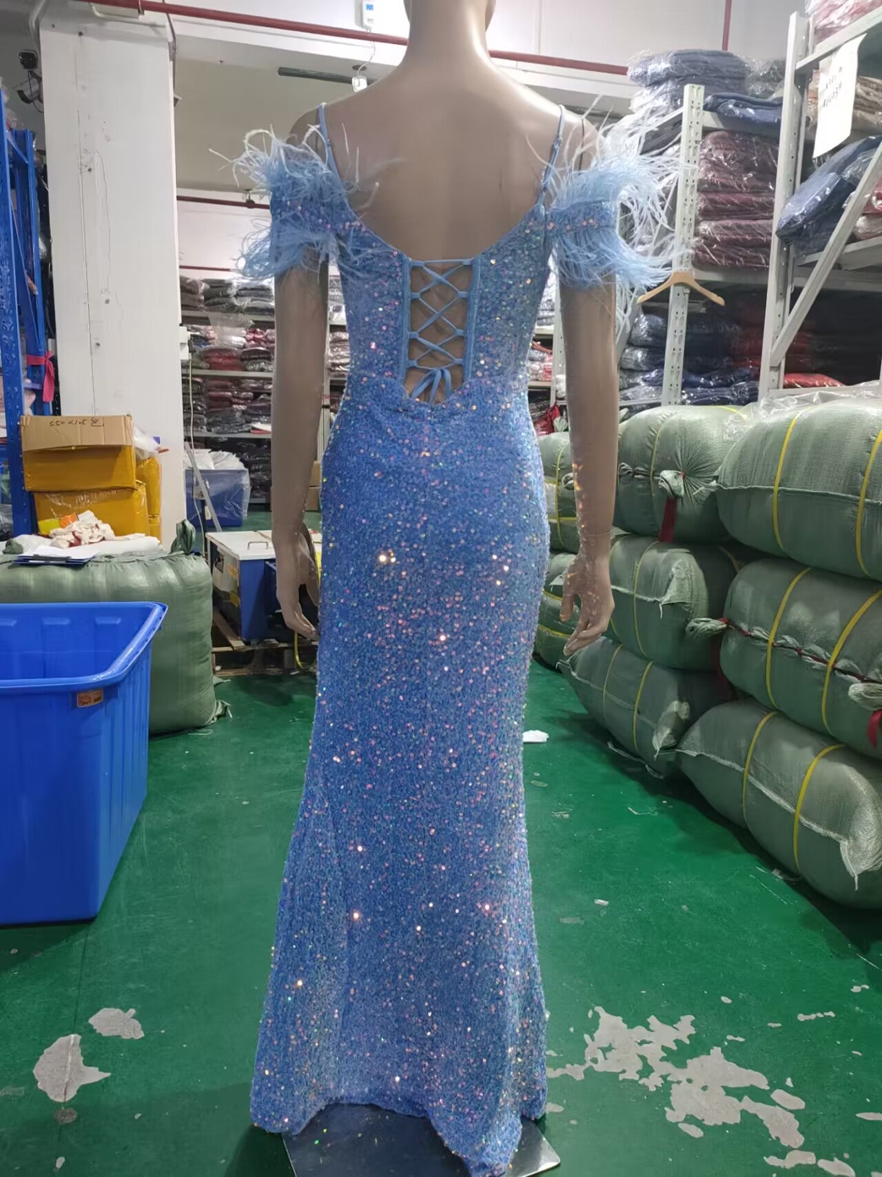 Women Herringbone ostrich velvet sequined mermaid evening dress 20