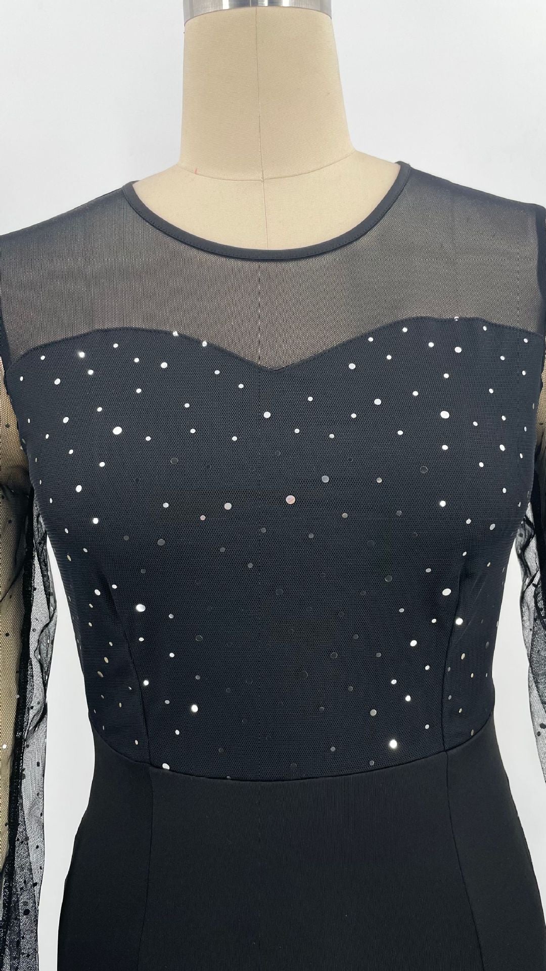 Mesh Patchwork Dress Women's Fashion Round Neck Long Sleeves Slim Elegant Dress Maxi Dress 13