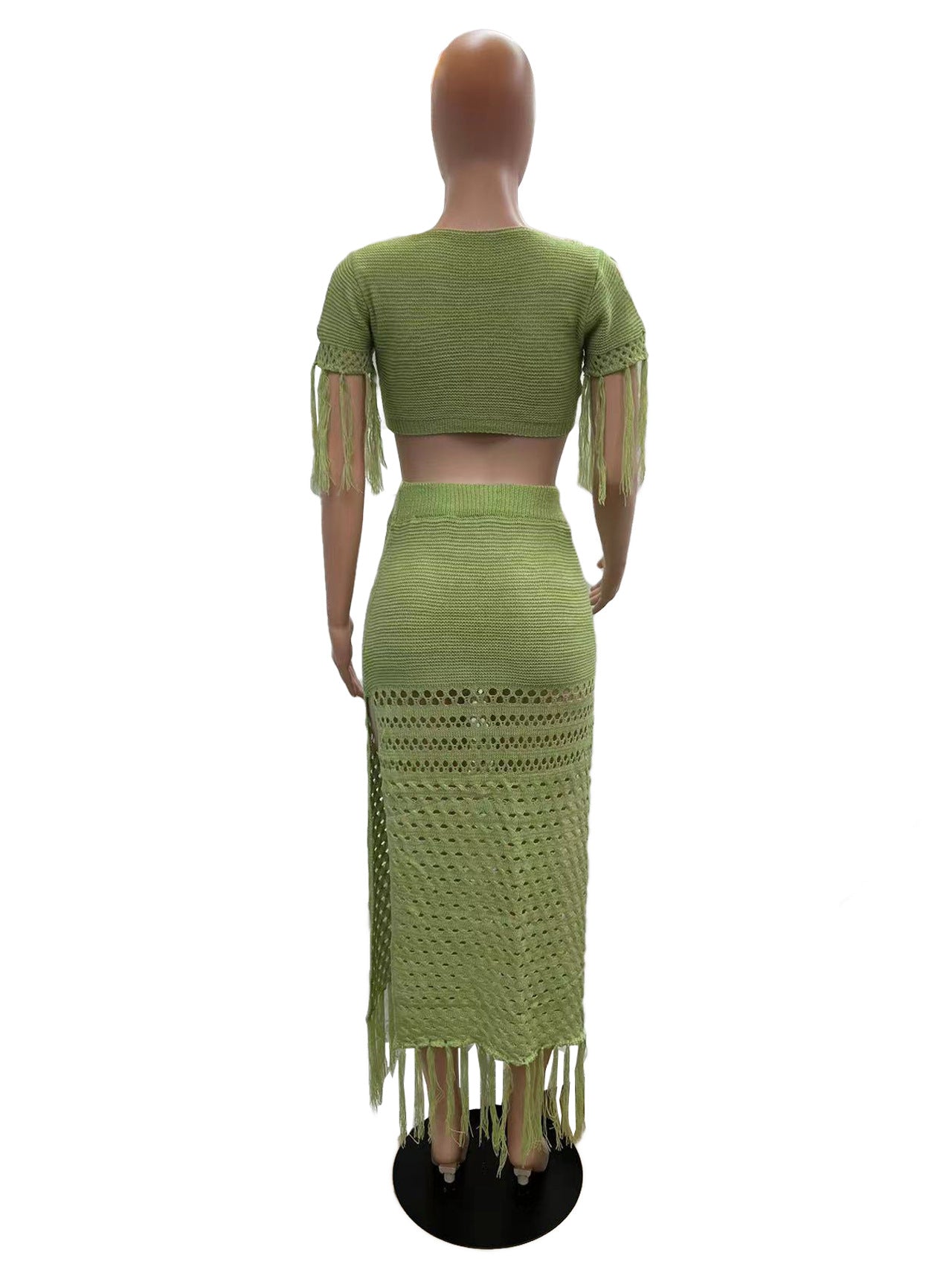 Women Knitting Hollow Tassel Sexy Top and Long Skirt Two-piece Set 6
