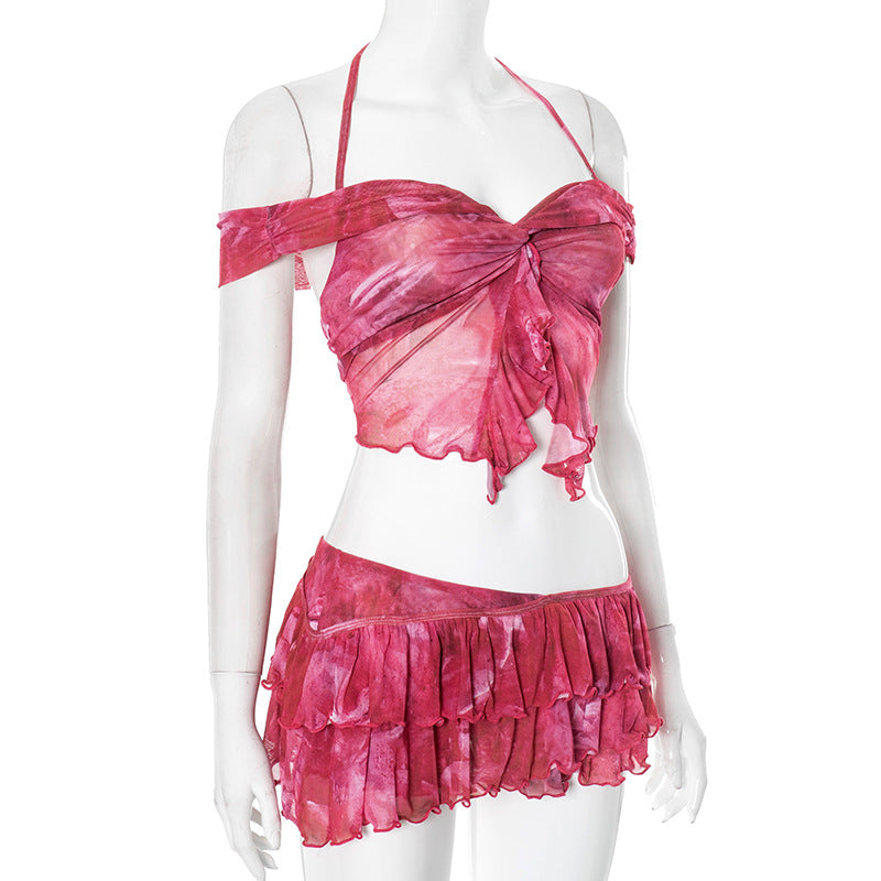 Women beach Holidays print suspenders Halter Neck Top Ruffle Edge Skirt two-piece set 7