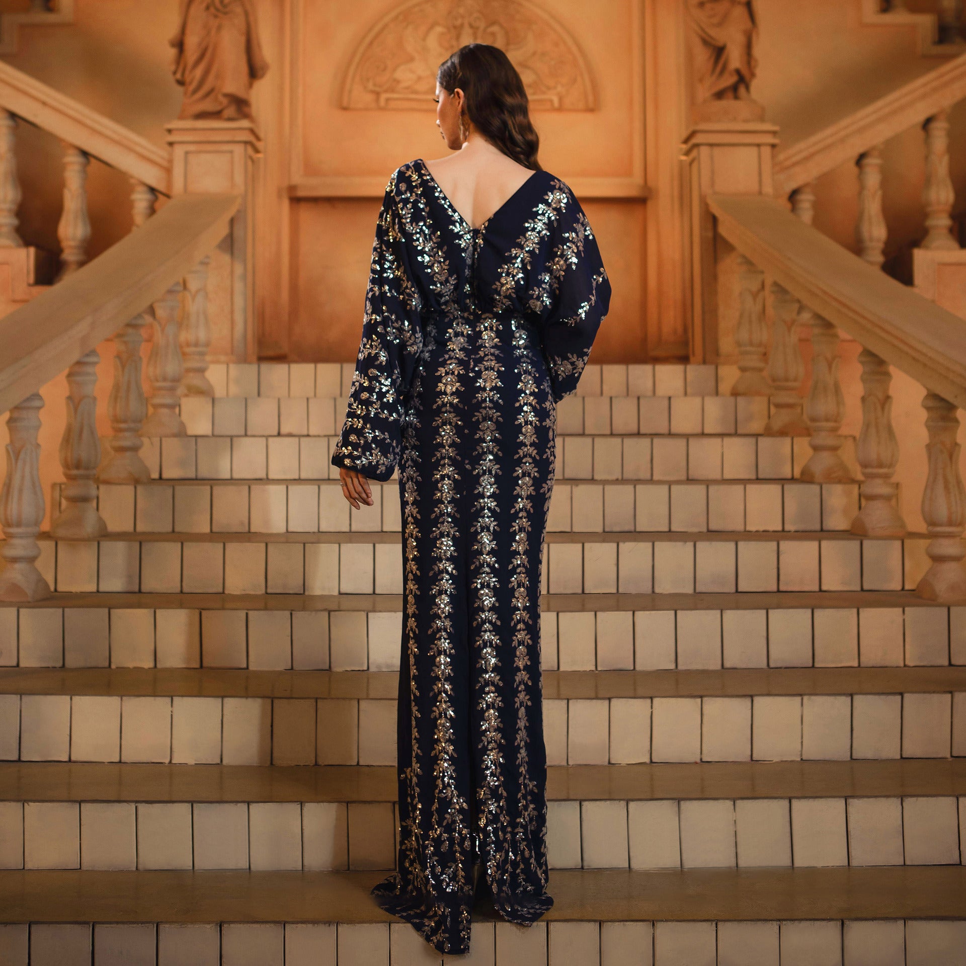 Women long-sleeved v-neck Bodycon sequins Formal Party Fishtail Evening Dress 4