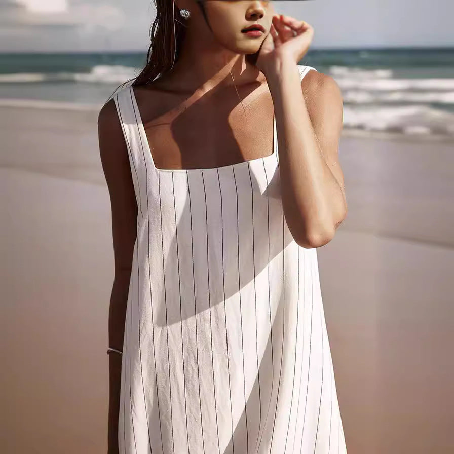 Spring Summer Square Neck Striped Fashion Sleeveless Dress 3