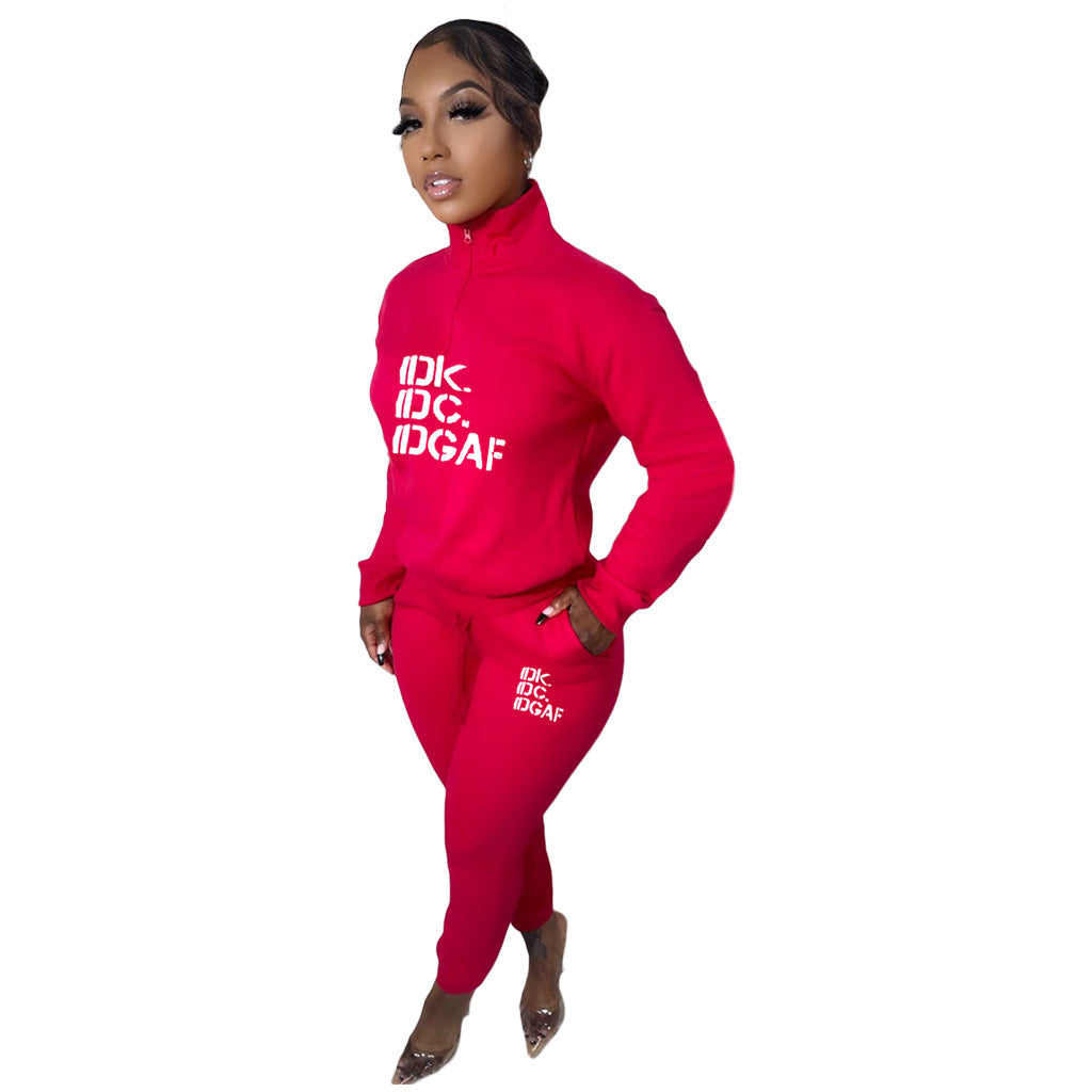 Women Casual Letter Print Fleece Zip Long Sleeve Top and Pant Two Piece 5