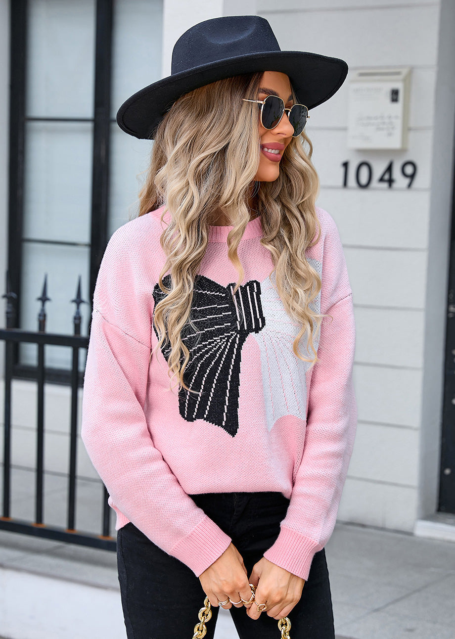 Autumn Winter Sweater Women's Bow Color Matching Knitting Pullover Shirt 18