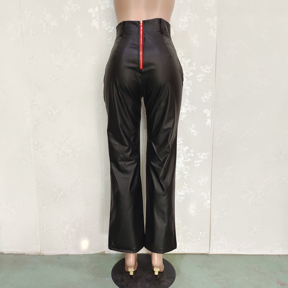 Solid Color Loose Wide-Leg Leather Pants with Back Zipper 8