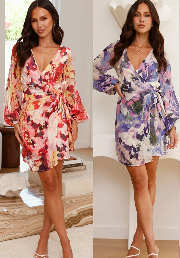 Autumn V-Neck Chiffon Tie-Waist Long Sleeve Print Slim Short Dress