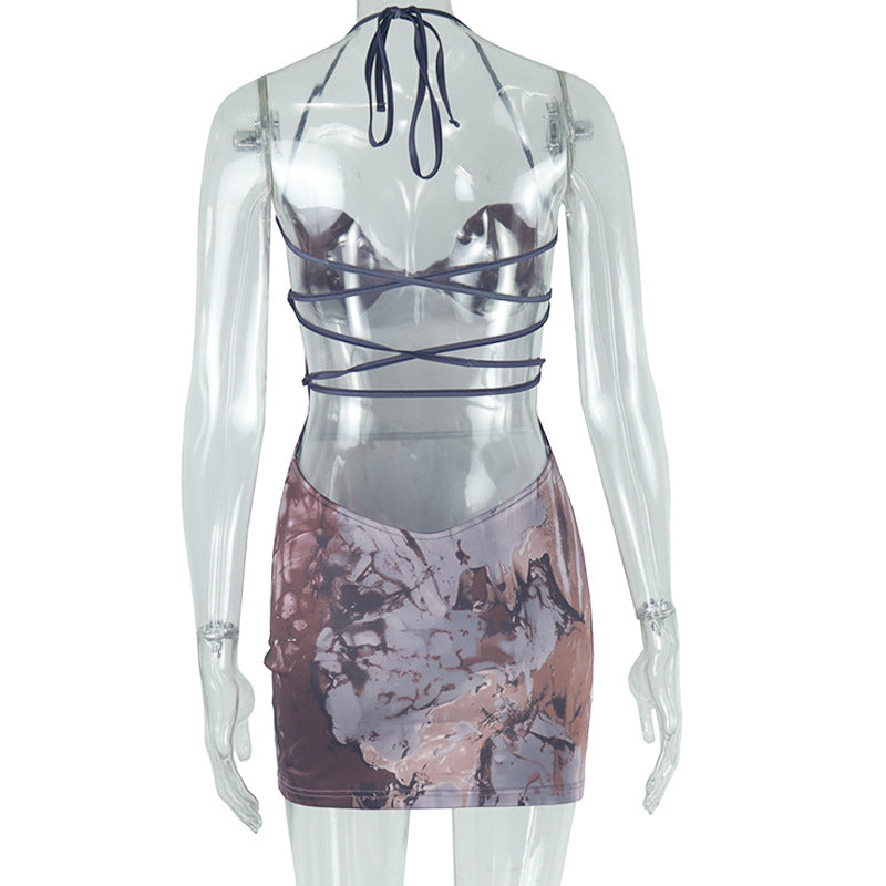 Women's Fashion Print Sexy Halter Lace-Up Low Back Bodycon Short Dress 6