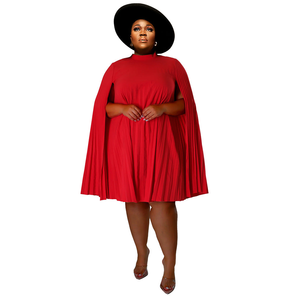 Plus Size Women Bell Bottom Sleeve Pleated Dress 8