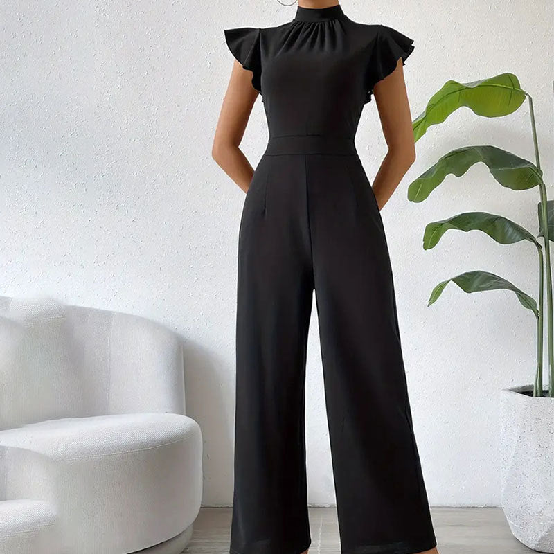 Stand Collar Ruffled Sleeveless Wide-Leg Women's Jumpsuit