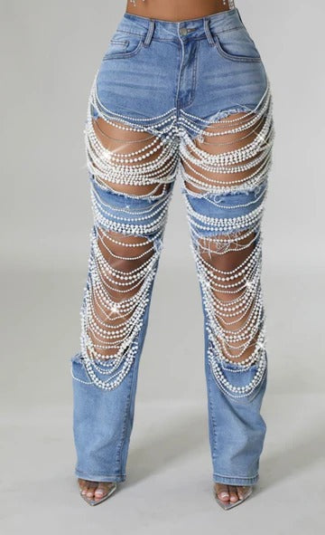 Women Chain Ripped Denim Pants