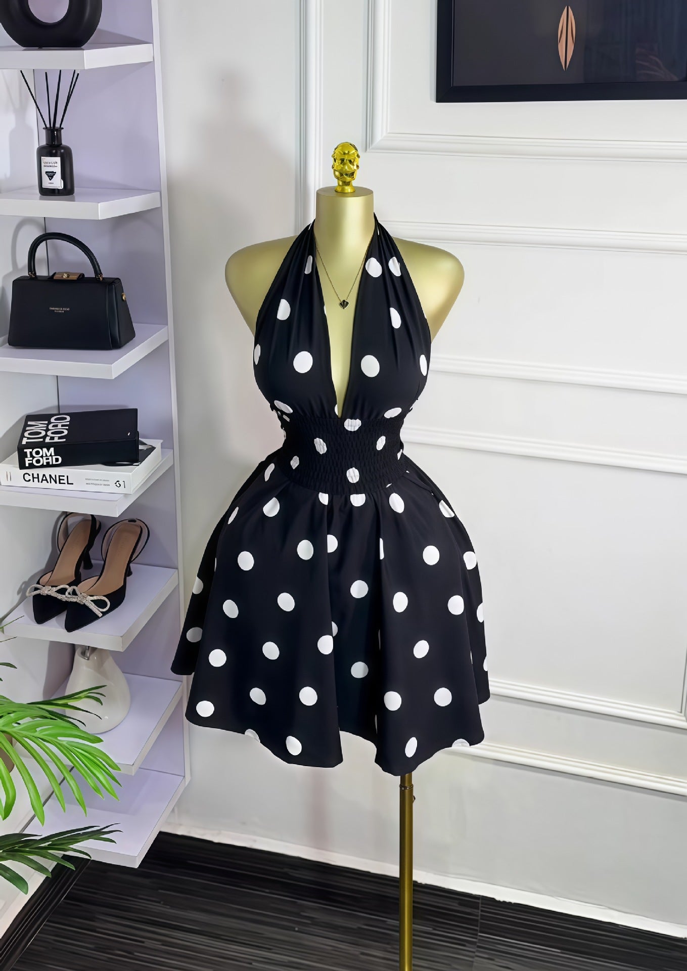 Women Summer Polka Dot Sleeveless V-neck Lace-Up Backless Mini Dress